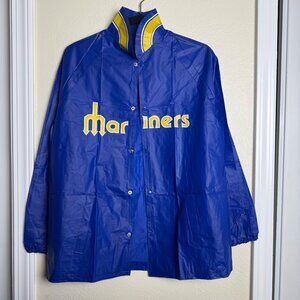 NEW VTG 90s Chuck E. Cheeses MARINERS Blue Vinyl Jacket Snap Buttons Sz L